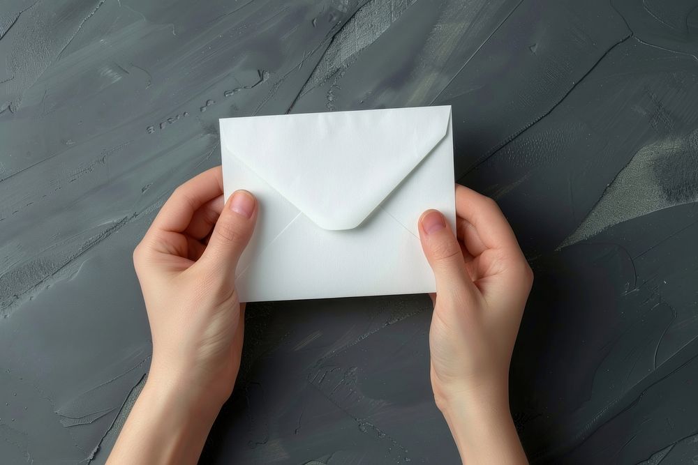 Hands writing letter envelope paper mail.