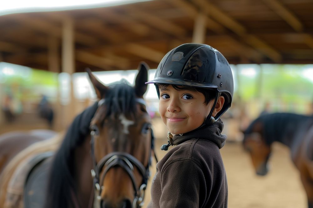 Hispanic kid helmet horse photo.
