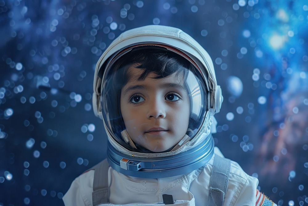 Hispanic kid astronaut person helmet.