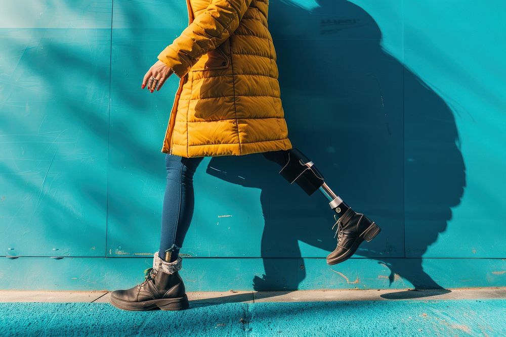 Woman with prosthetic leg pedestrian clothing footwear.