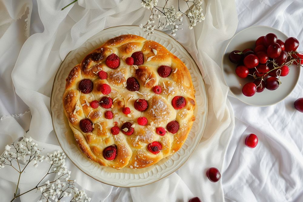 Homemade foccacia baked with red colorful fruits medication cheesecake produce.