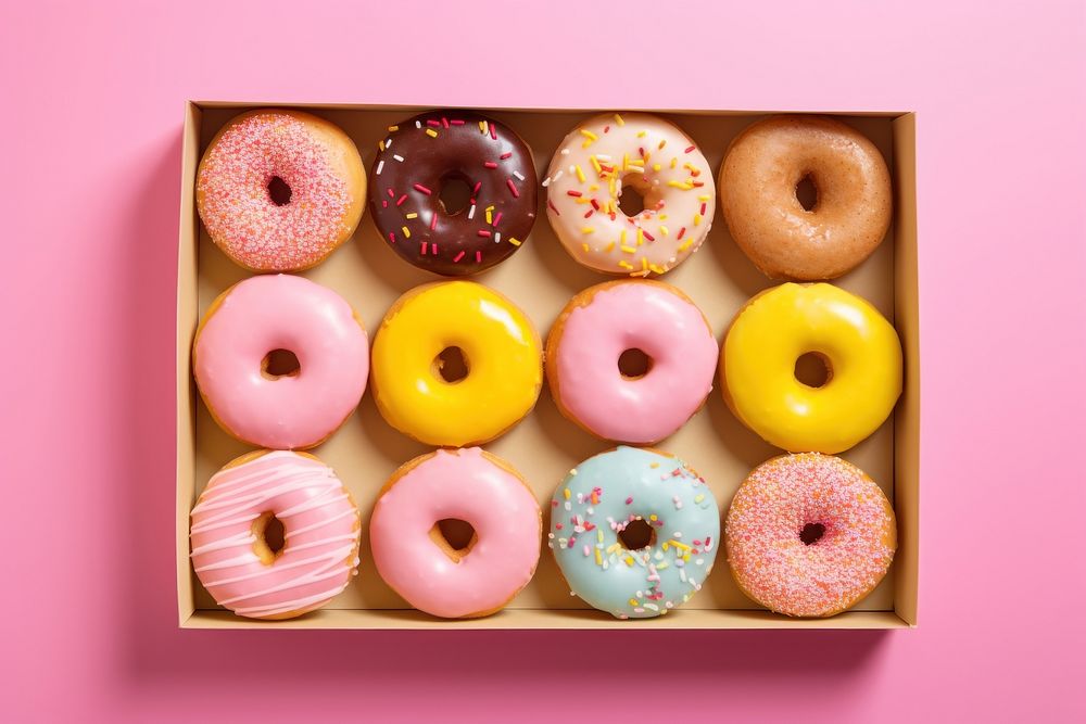 Many kind of donuts in a pink box confectionery produce sweets.