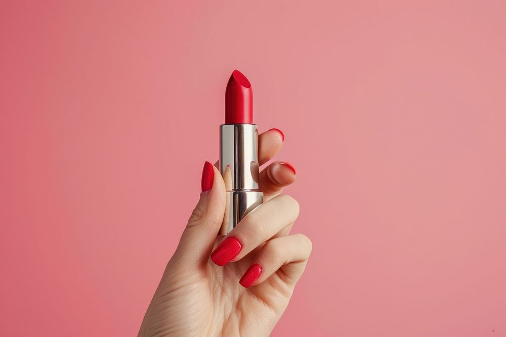 Vertical photo shot of a hand holding a red lipstick medication cosmetics pill.