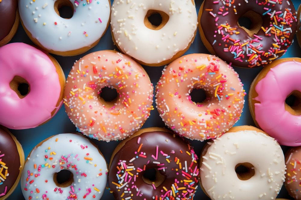 Many kind of donuts confectionery sprinkles dessert.