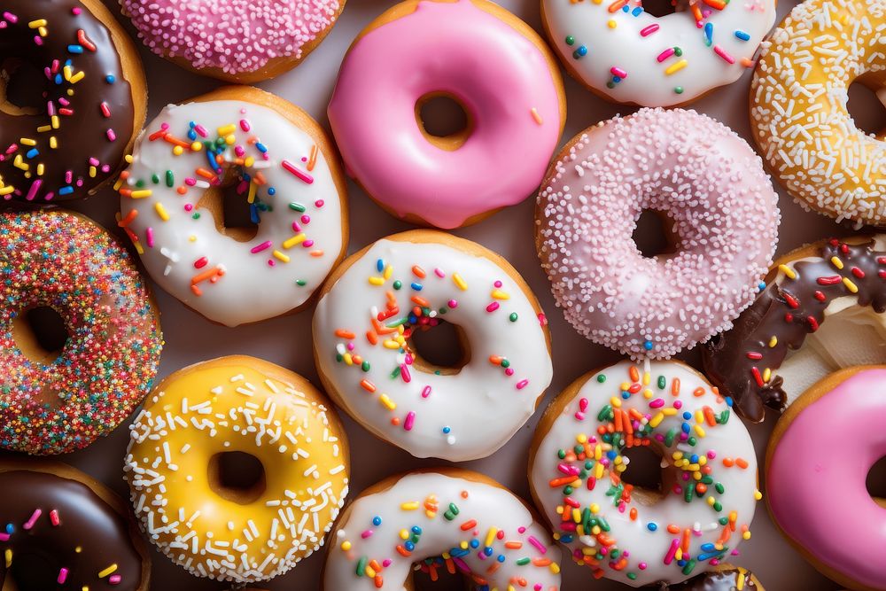 Many kind of donuts confectionery sprinkles dessert.