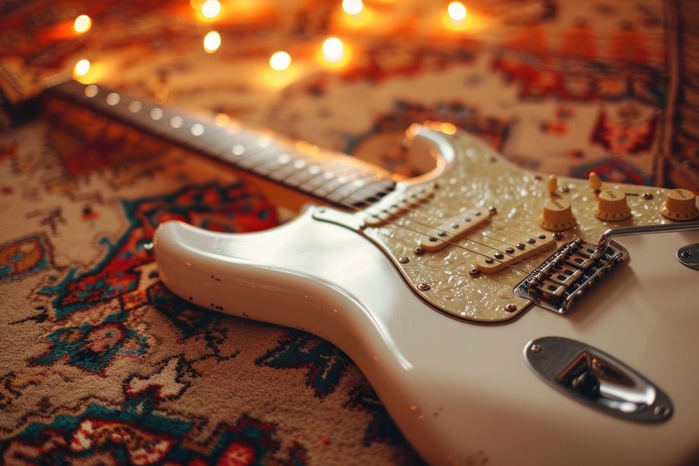 White electric guitar with effect pedal put on persian carpet musical instrument smoke pipe.