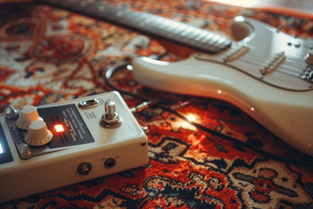 White electric guitar with effect pedal put on persian carpet musical instrument.