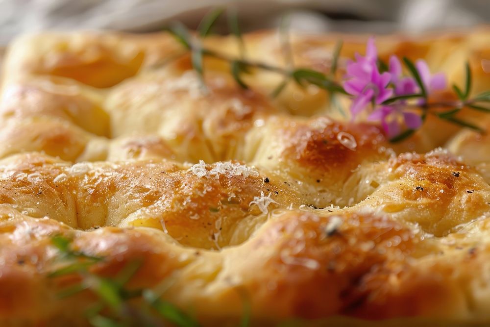 Foccacia bread with tiny flower on top dessert pastry food.