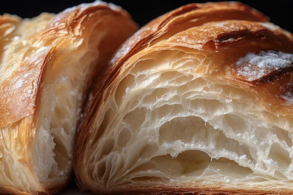 Croissant texture cut in half bread food.
