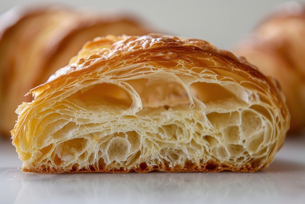Croissant texture cut in half bread dessert pastry.
