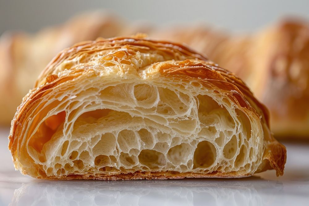 Croissant texture cut in half bread dessert pastry.