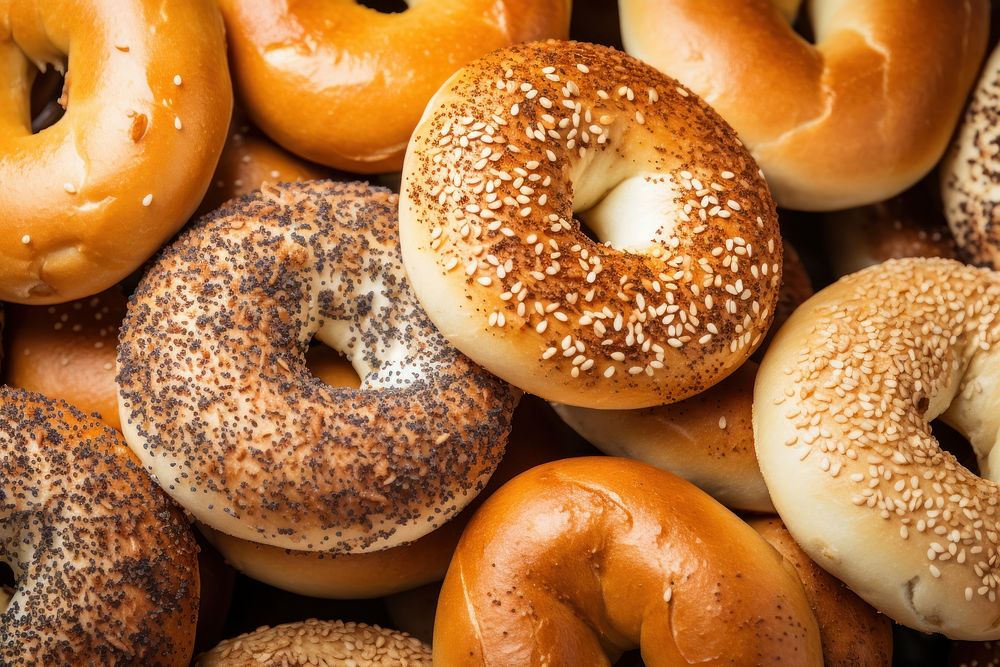 Many kind of bagels bread food.