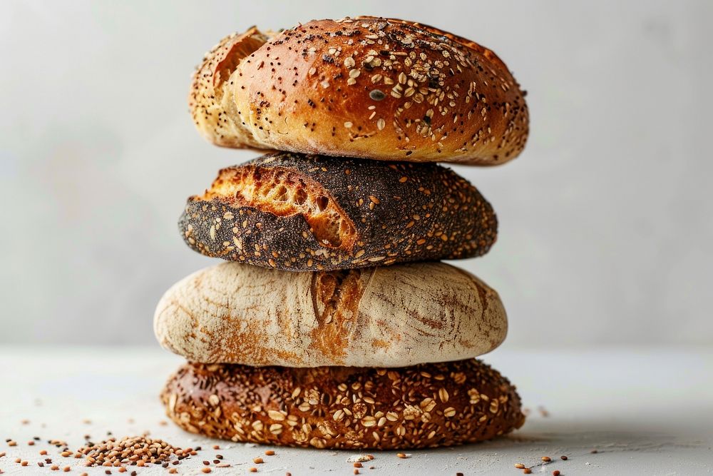 Stack of 4 different kind of breads including multigrain sourdough baguette produce bagel fruit.