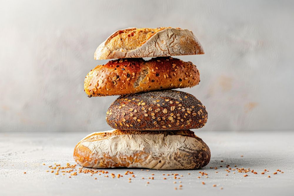 Stack of 4 different kind of breads including multigrain sourdough baguette bagel food.