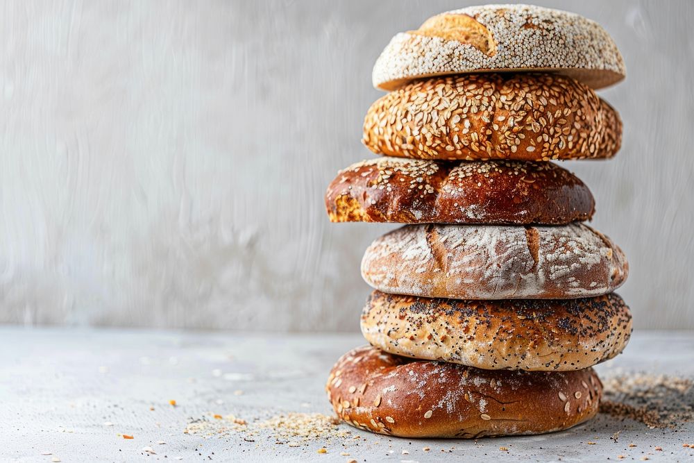 Stack of differnt kind of breads burger bagel food.
