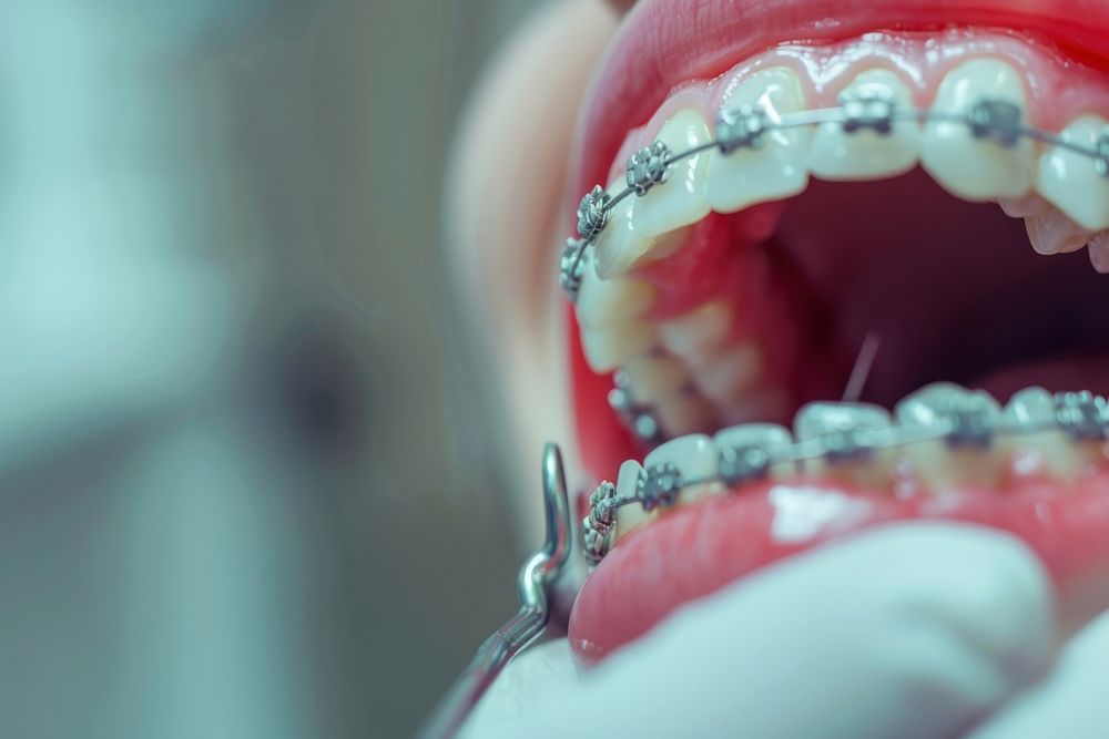 Closeup of a patient with an open mouth in dentistry wearing teeth metal braces person human head.