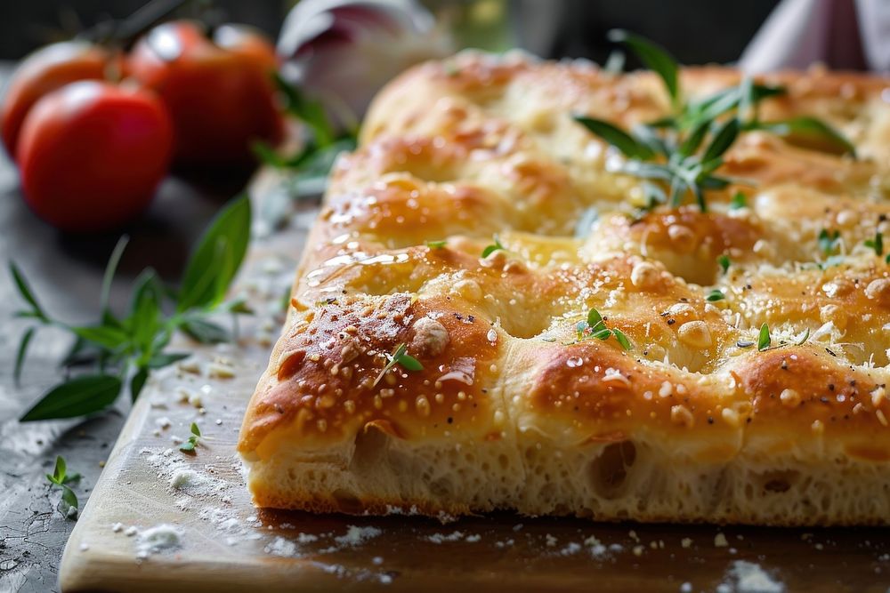 Beautiful foccacia bread with dessert pastry brunch.