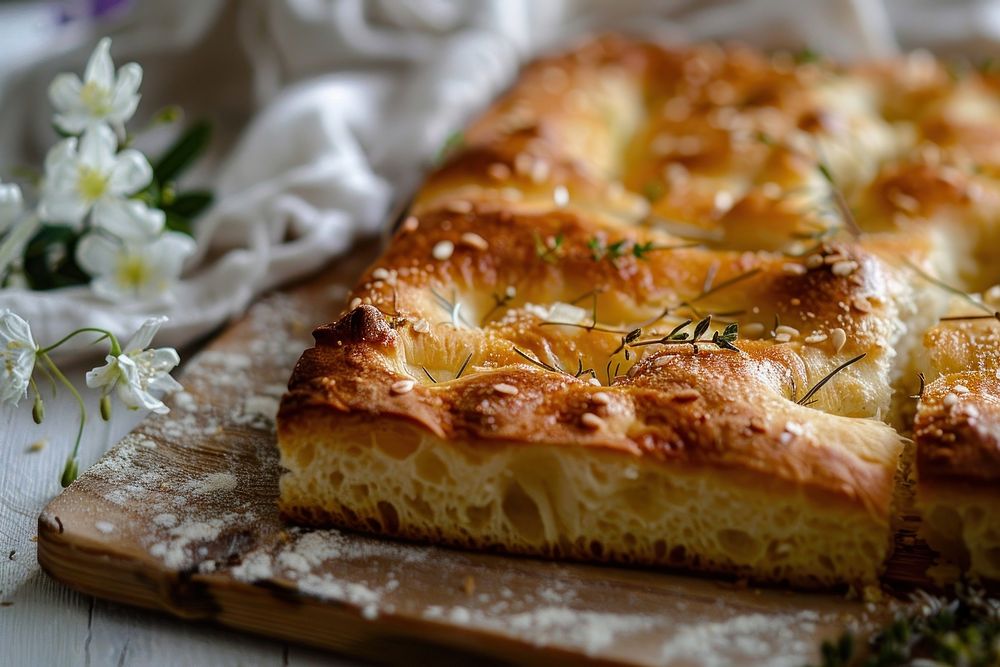 Beautiful foccacia bread with dessert pastry brunch.