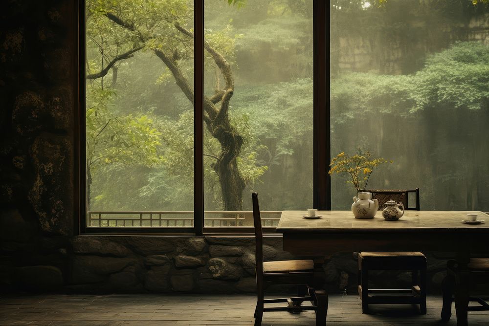Vintage chinese dinning room in nature view of window architecture windowsill furniture.