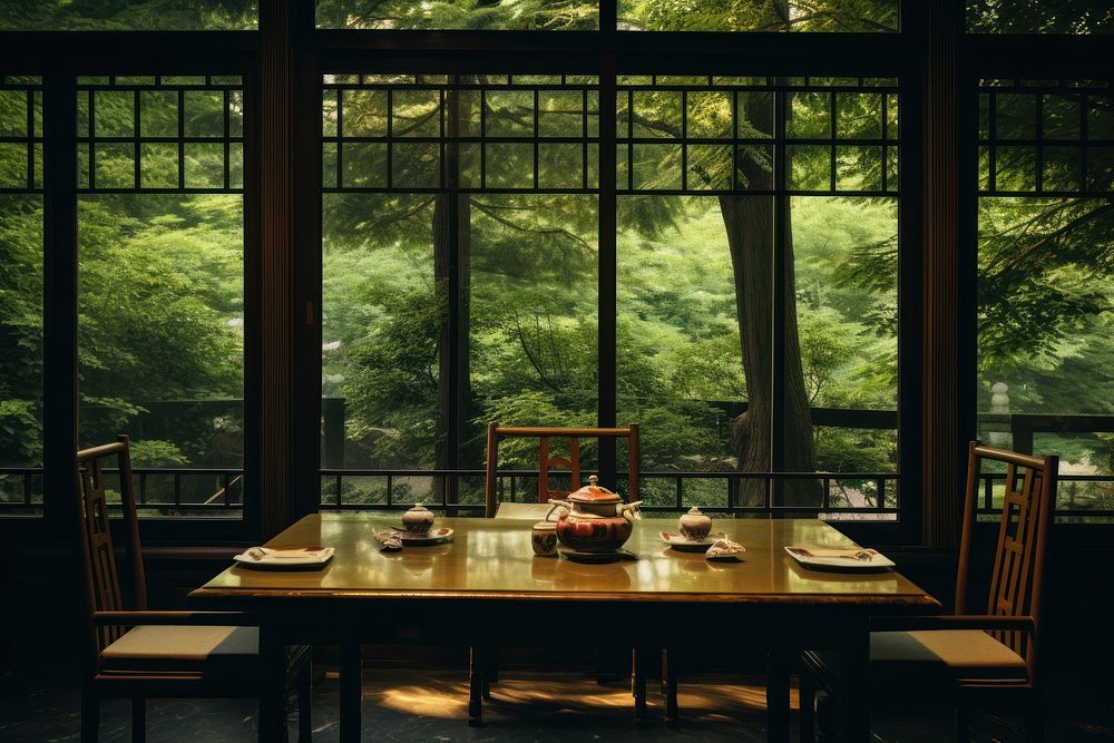 Vintage chinese dinning room in nature view of window architecture furniture building.