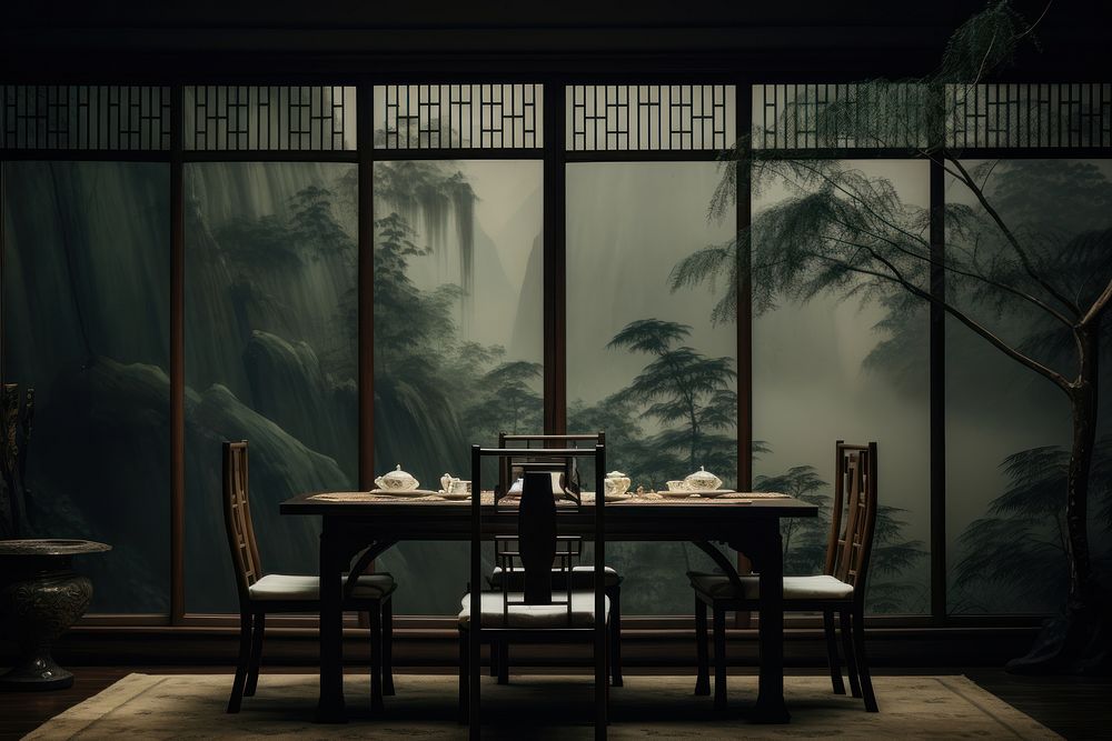 Vintage chinese dinning room in nature view of window architecture restaurant furniture.