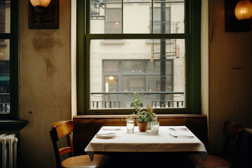 Vintage dinning room in NYC view of window windowsill furniture tabletop.