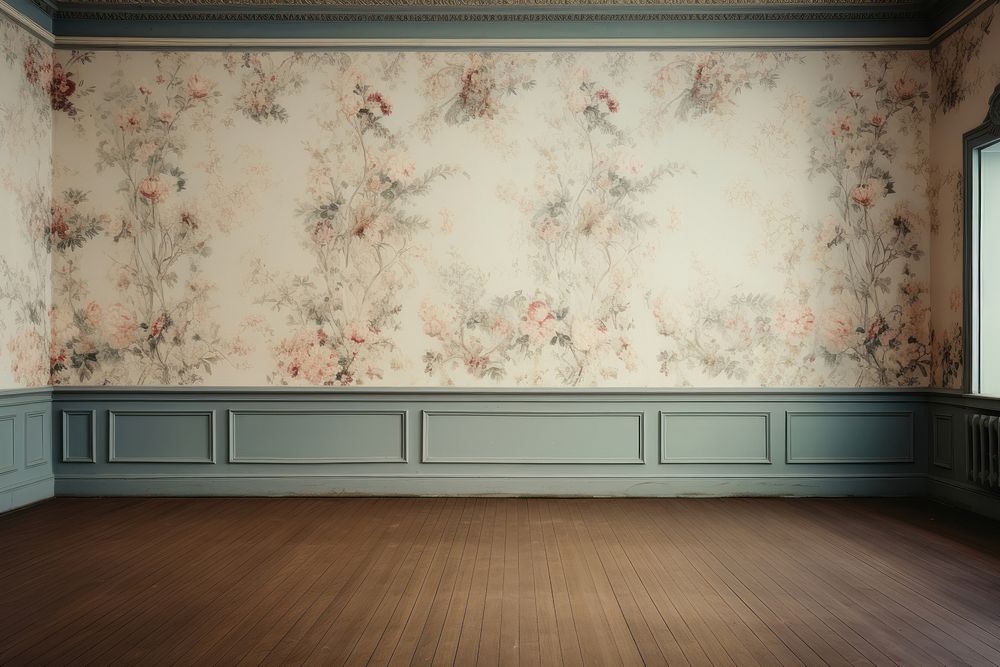 Vintage floral pattern wallpaper wall living room and woden floor in the modern victorian styles architecture building…