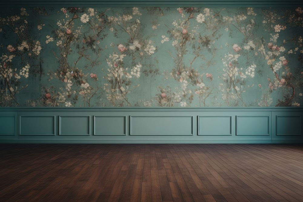 Vintage floral pattern wallpaper wall living room and woden floor in the modern victorian styles architecture blackboard…