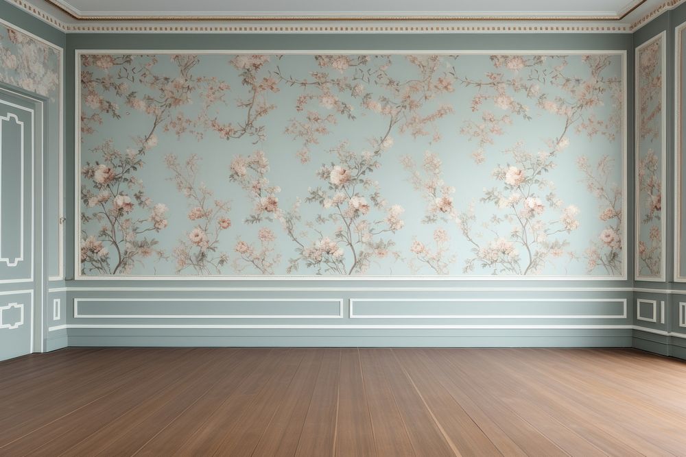 Vintage floral pattern wallpaper wall living room and woden floor in the modern victorian styles architecture blackboard…