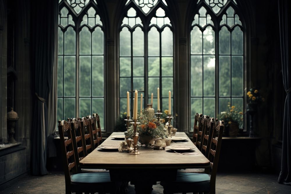 Vintage gothic dinning room view of window architecture furniture building.