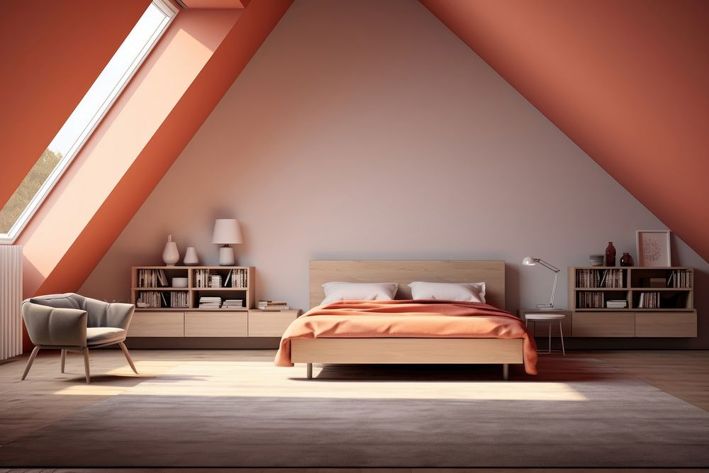 Colorful modern nodic bedroom in the sloped roof architecture furniture building.