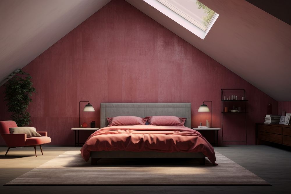 Colorful modern nodic bedroom in the sloped roof architecture furniture building.