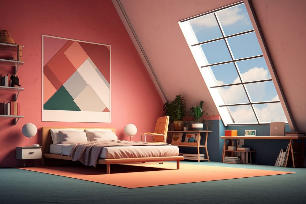 Colorful modern nodic teen bedroom in the sloped roof architecture furniture building.