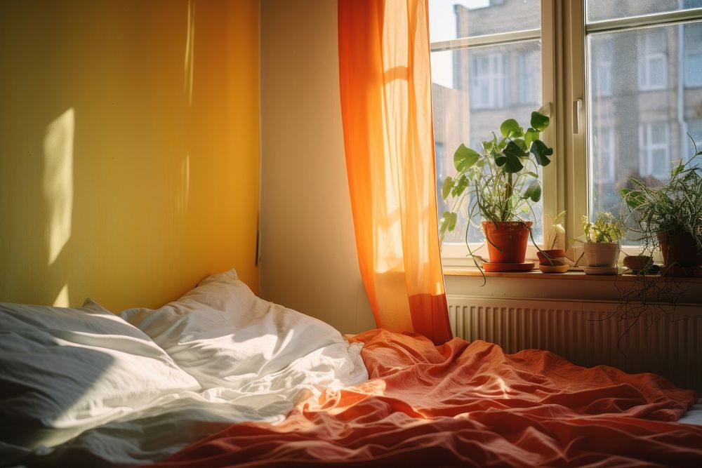 Colorful modern scandinavian bedroom in sweden view of window windowsill furniture cushion.