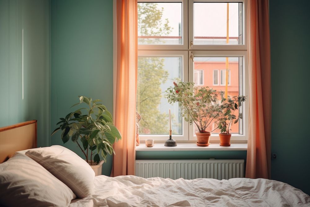 Colorful modern scandinavian bedroom in sweden view of window windowsill furniture candle.