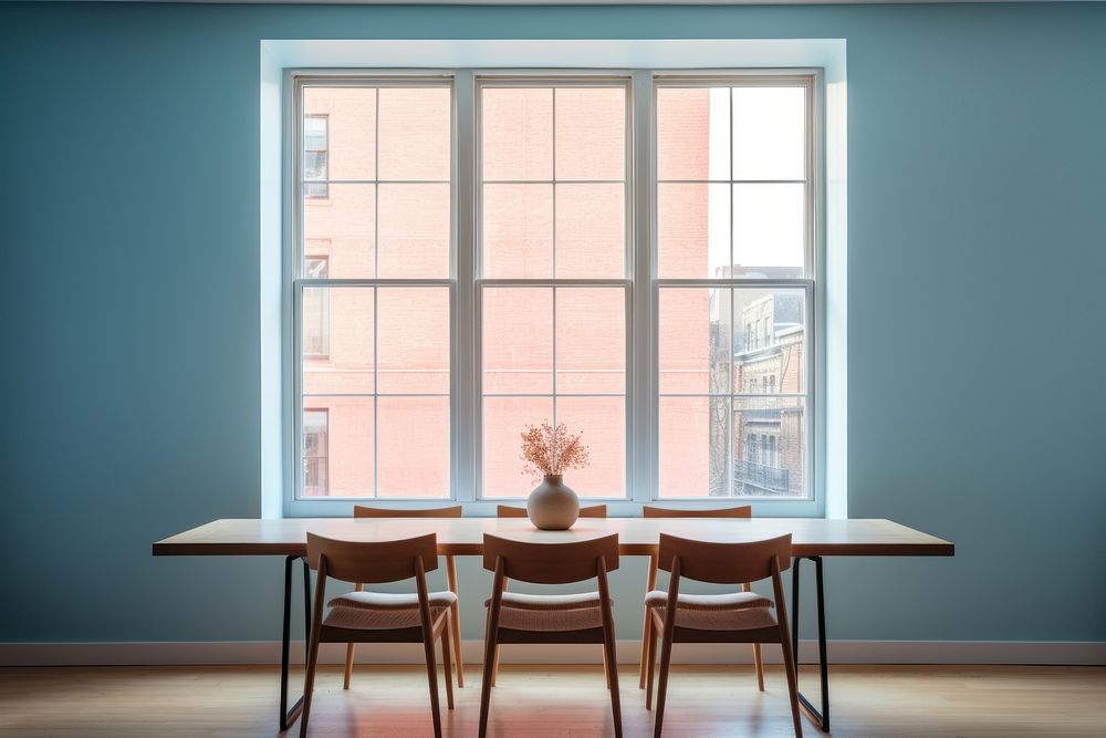 Colorful modern scandinavian dinning room in NYC view of window windowsill furniture tabletop.