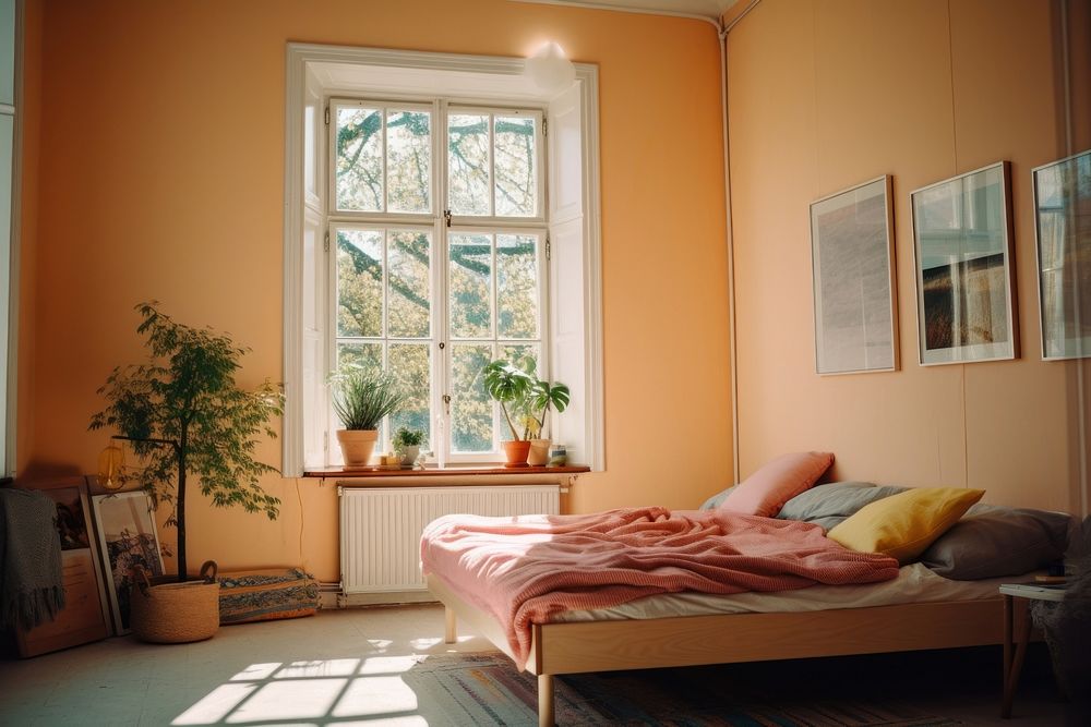 Colorful modern scandinavian bedroom in sweden view of window windowsill furniture painting.