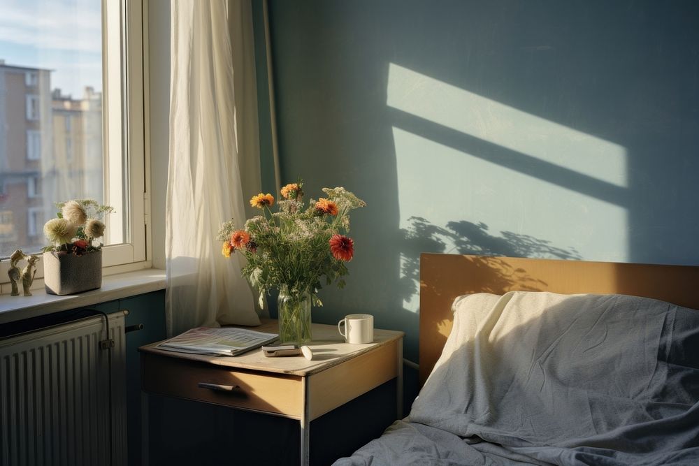 Colorful modern scandinavian bedroom in sweden view of window publication windowsill furniture.