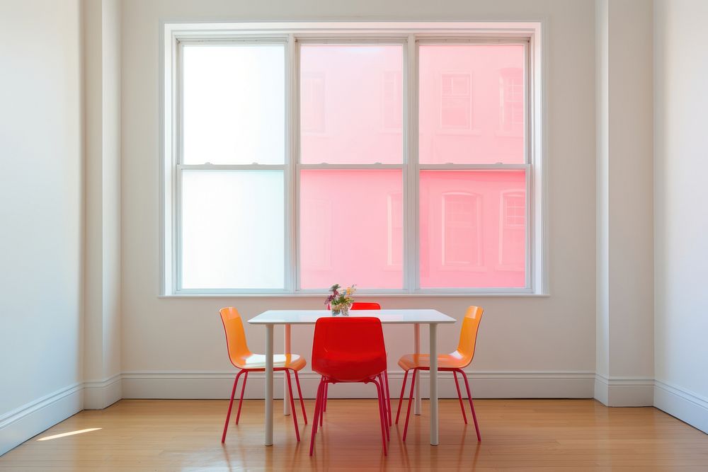 Colorful modern scandinavian dinning room in NYC view of window architecture windowsill furniture.