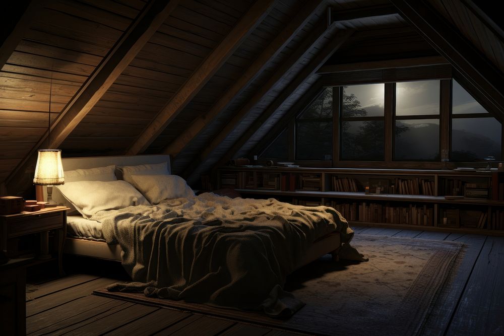 Cozy bedroom in the sloped roof architecture furniture building.