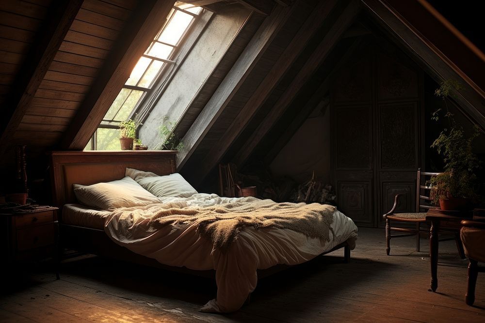 Cozy bedroom in the sloped roof architecture furniture building.