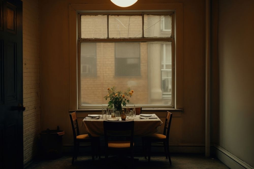 Cozy dinning room in NYC view of window architecture windowsill furniture.