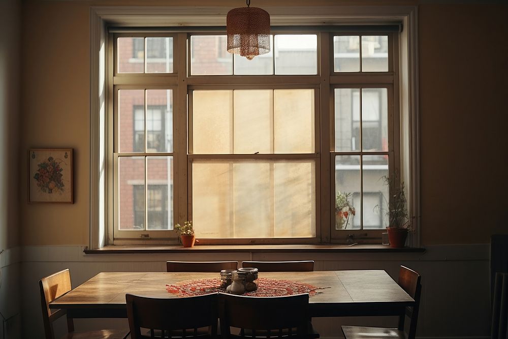 Cozy dinning room in NYC view of window windowsill furniture painting.
