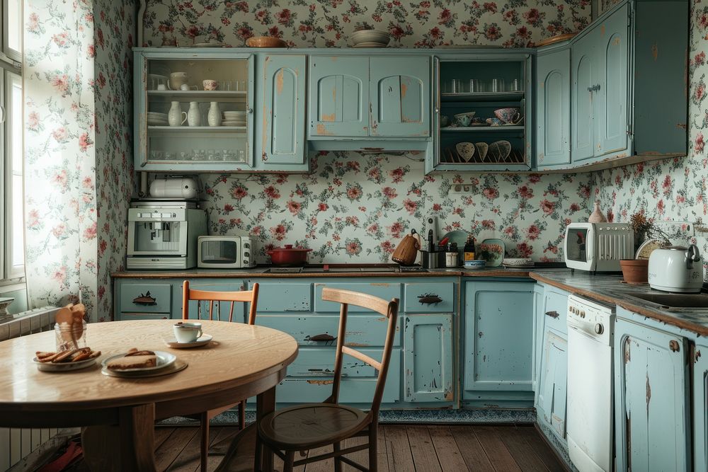English vintage kitchen with floral pattern wallpaper wall wooden floor and pastel blue furniture set architecture appliance…