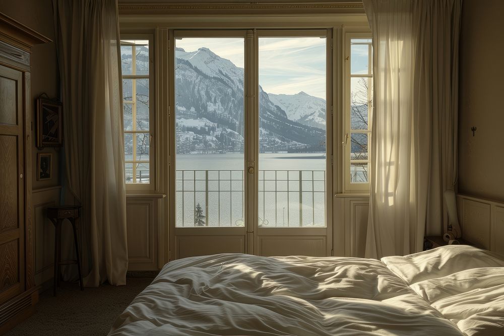 Hotel bedroom and winter view in switzerland of barcony architecture furniture painting.