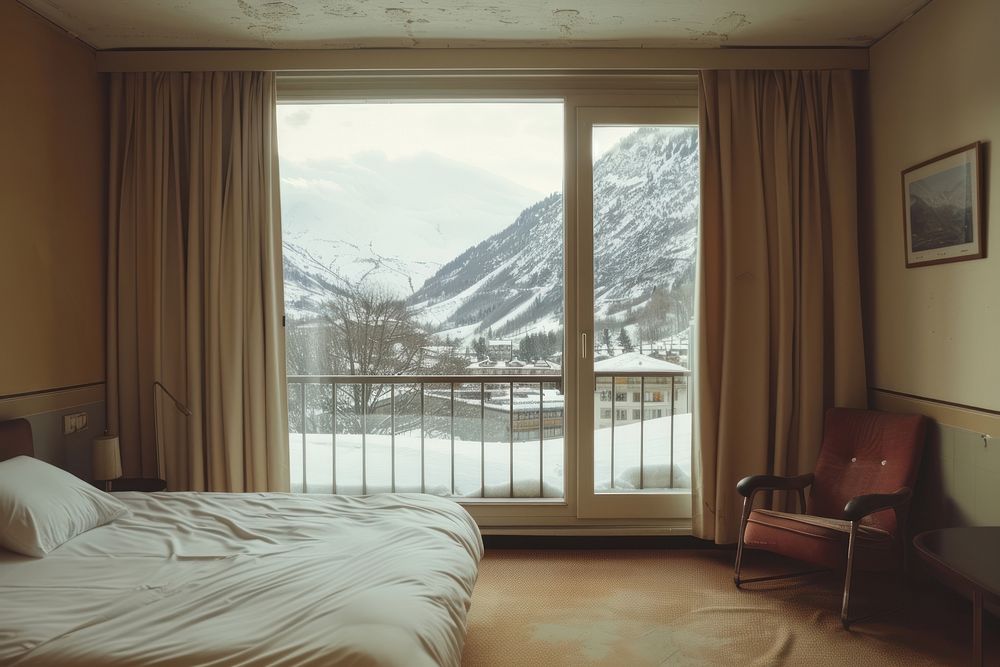 Hotel bedroom and winter view in switzerland of barcony architecture furniture painting.