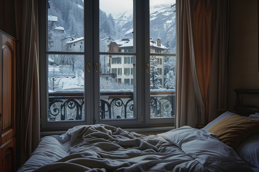 Hotel bedroom and winter view in switzerland of barcony architecture windowsill furniture.