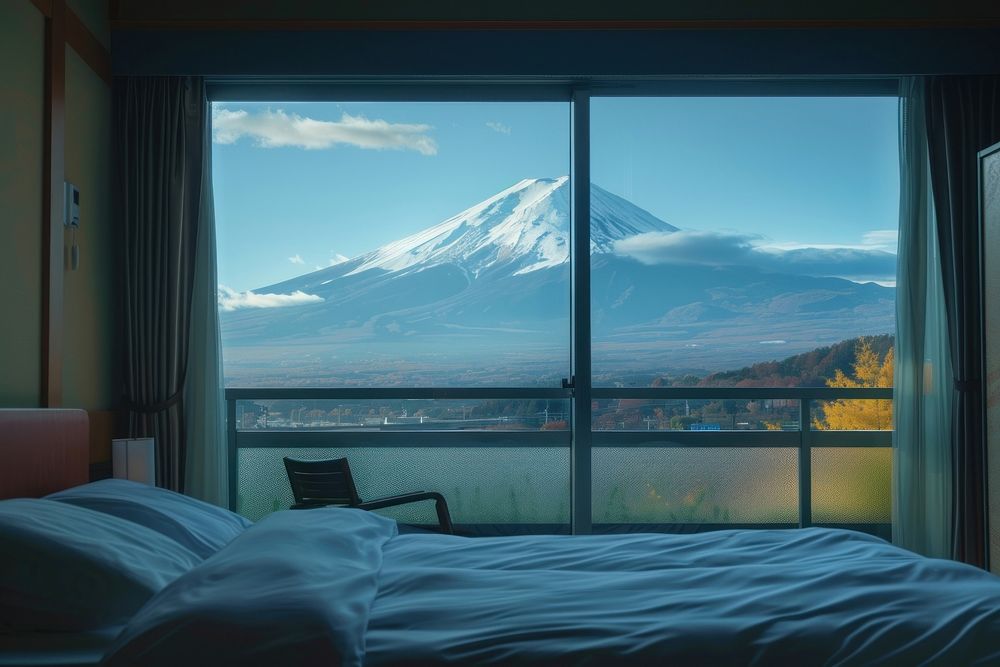 Hotel bedroom and fuji view in japan of barcony furniture outdoors mountain.