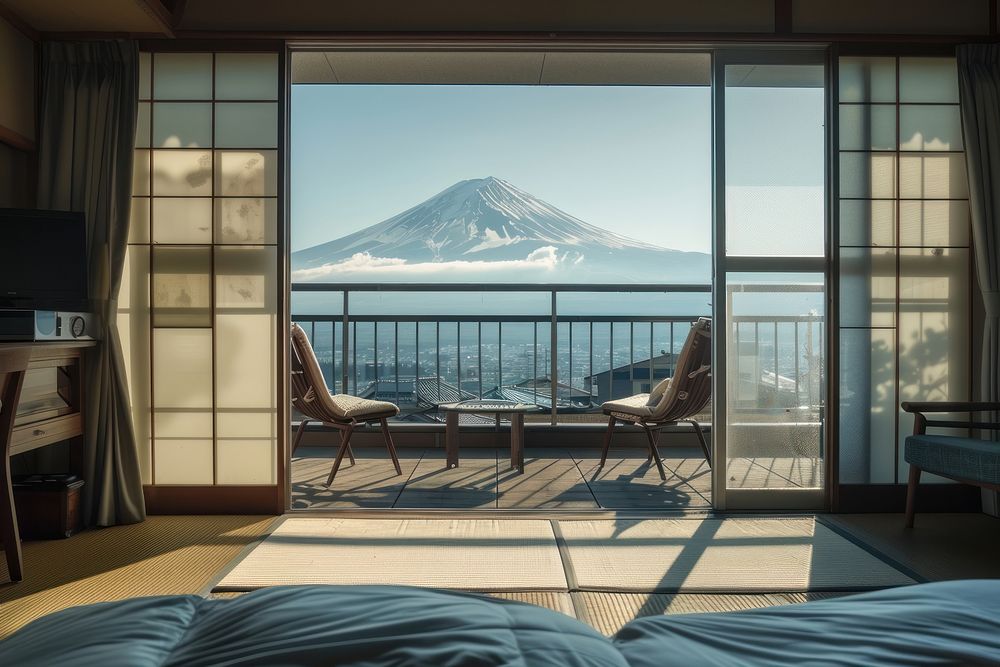 Hotel bedroom and fuji view in japan of barcony architecture electronics furniture.