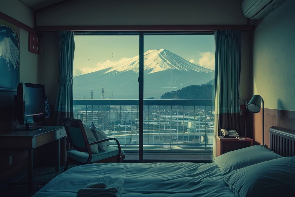 Hotel bedroom and fuji view in japan of barcony architecture electronics furniture.